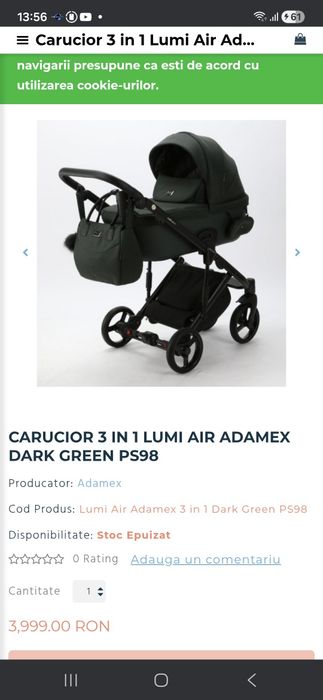 Vând cărucior Adamex  Dark Green 98 3 in 1 perfect functional( scoica landou si parte sport)