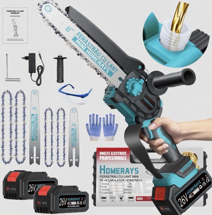 Mini drujbă electrică, motor fără perii 8” + 6”, ungere automată, 2 baterii de cate  4000mAh, HOMERAYS