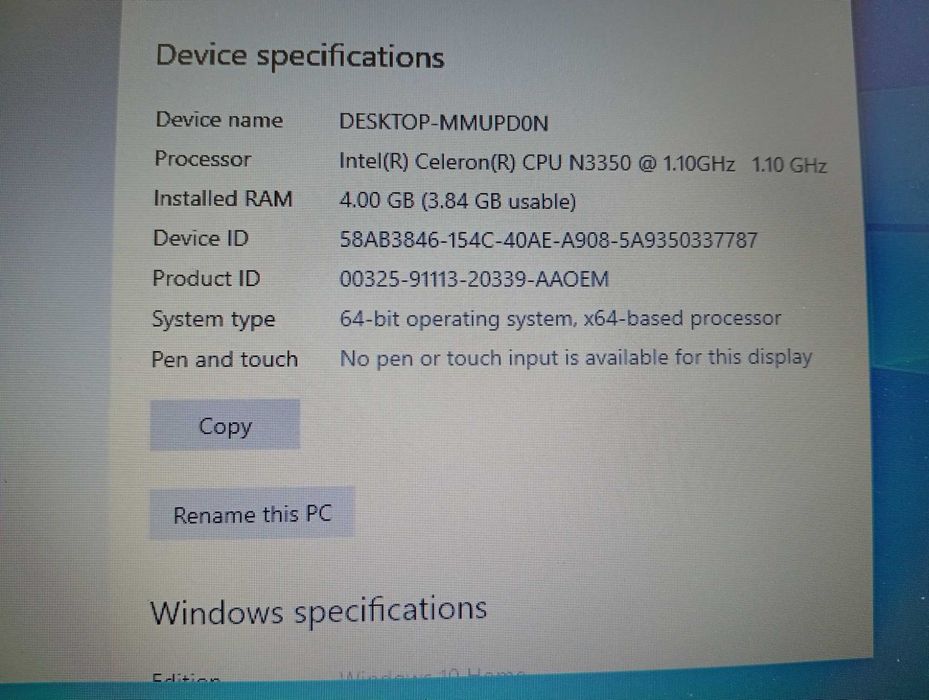 Acer aspire 1 модел N17Q4/intel celeron CPU N3350/4 RAM/1,1GHz/30HDD,14''