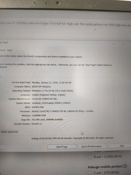 Asus i7 gen 8, 12gb ram, SSD 256GB