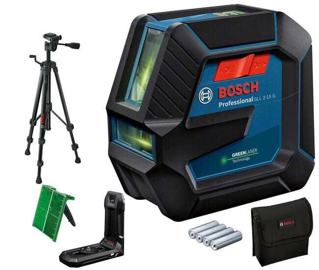 Промоция!Лазерен линеен нивелир GLL 2-15 G + LB 10 + BT 150 Bosch