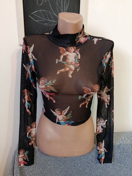 Bluza Pull and Bear mesh cu îngerași Punk Rock Goth Altercore mărimea XS-S elastica