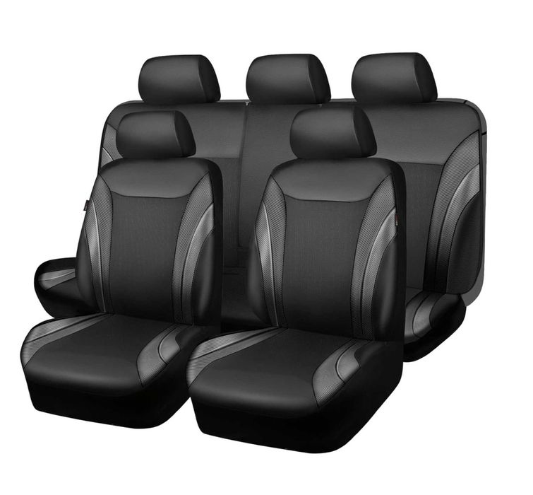 Луксозна автомобилна тапицерия 9 части - черна с карбон ефект, еко кожа и дишащ текстил