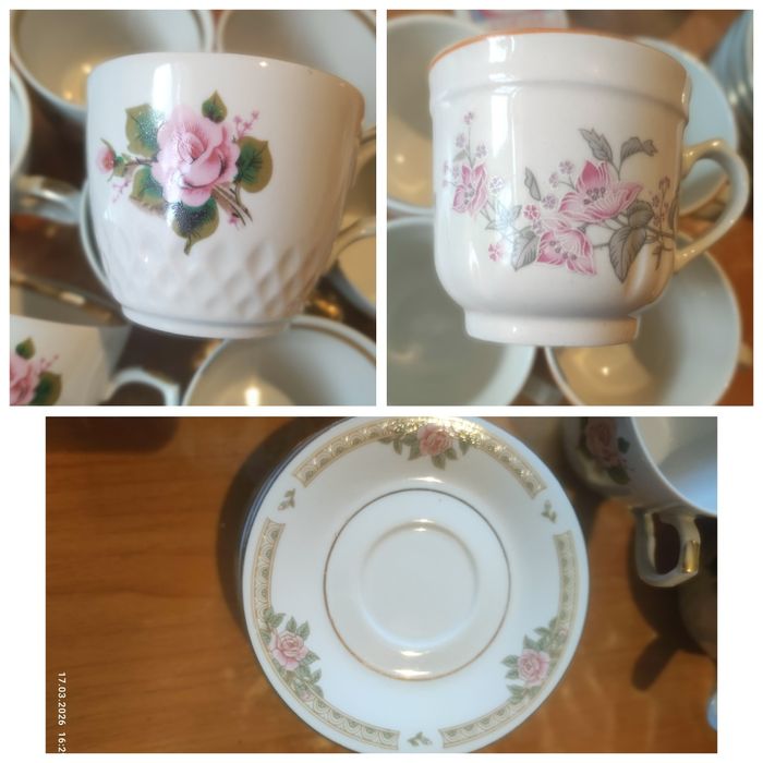 Чашечки, блюдца, чайник, ложечки, посуда.