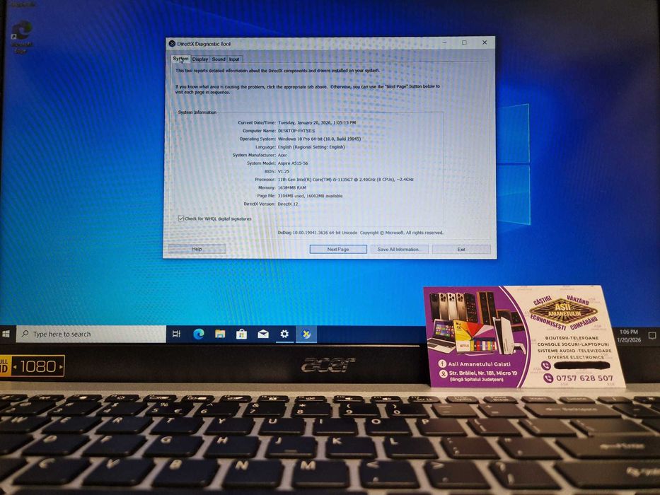 Laptop Acer Aspire 5, procesor i5-1135G7, 16Gb Ram, SSD 512 Gb