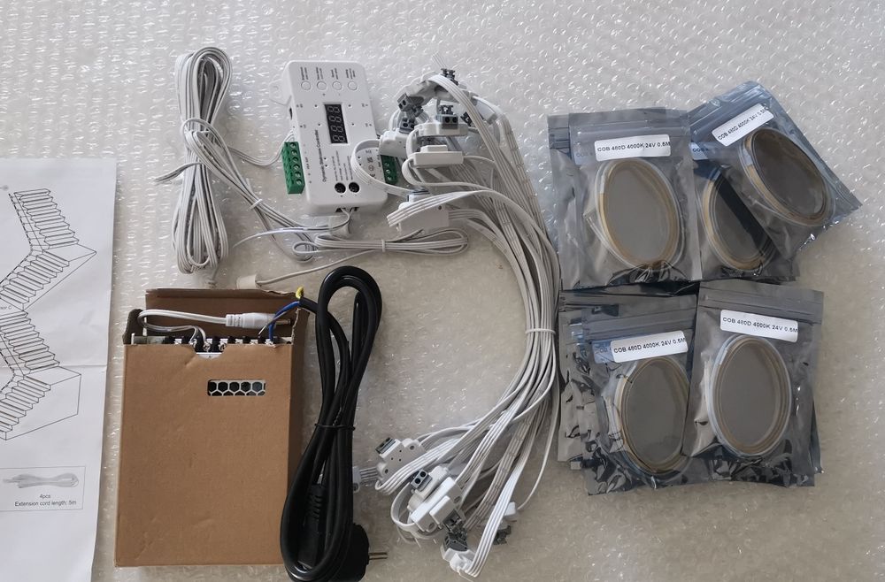 LED стълбищно осветление контролер+траф+PIR датчици+16×COB ленти