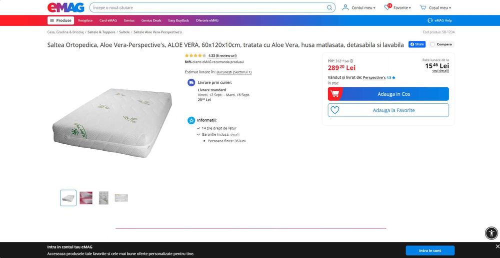 Saltea ortopedica bebe 60x120cm, tratata Aloe Vera, REDUS de la 290RON