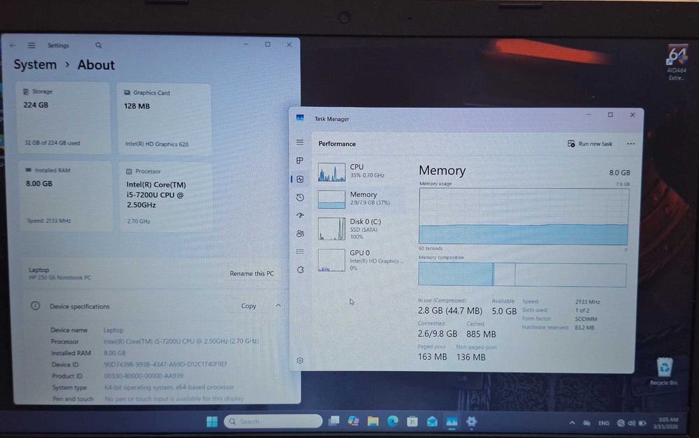 15.6' FullHD HP 250 G6 Core i5-7200U/8GB DDR4/256GB SSD/Нова батерия