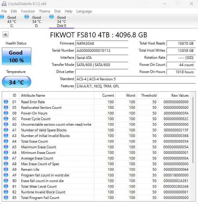 Memorie SSD Fikwot 4TB SATA III 6Gb/s 3D NAND TLC Flash PC/LAPTOP/PS4