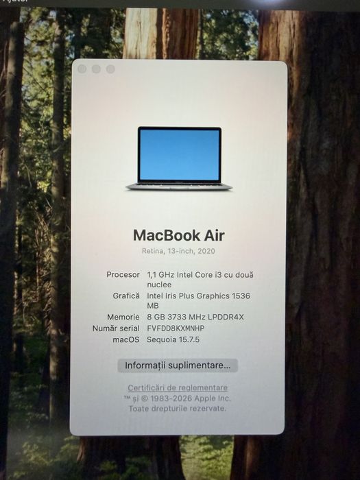 Vand MacBook Air Retina 13” 2020 – Intel i3 / 8GB RAM / 256GB SSD în stare foarte bună de funcționare și aspect îngrijit.
