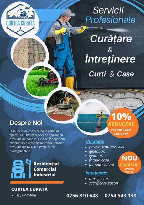 Curatare/Spalare pavele, fatada casa, acoperis,Tuns gazon, amenajare