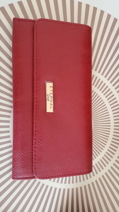 Червена кожена чанта+портмоне