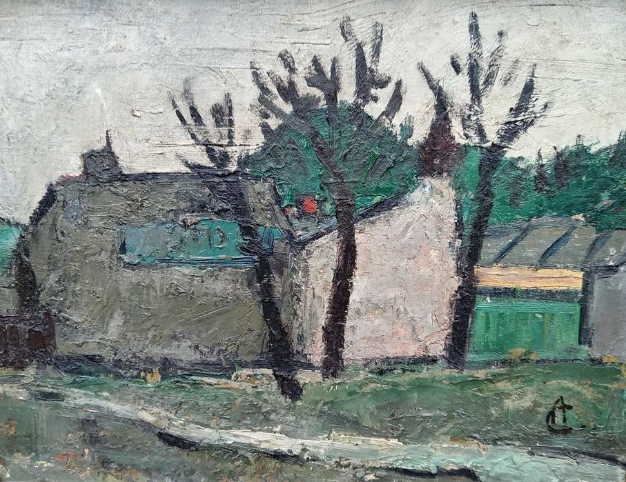 Tablou vechi - case la marginea satului - semnat in  AC ( Ciucurencu)