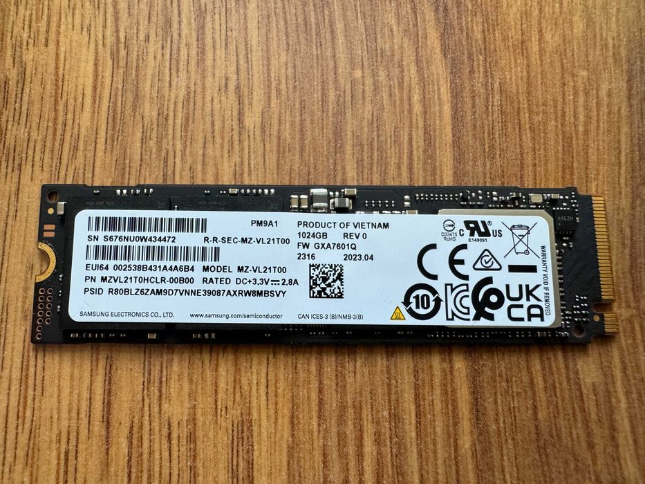 ЧИСТО НОВО Samsung PM9A1 1000GB 1TB SSD NVMe 2280 Gen 4 x4 PCIe 7000MB/s