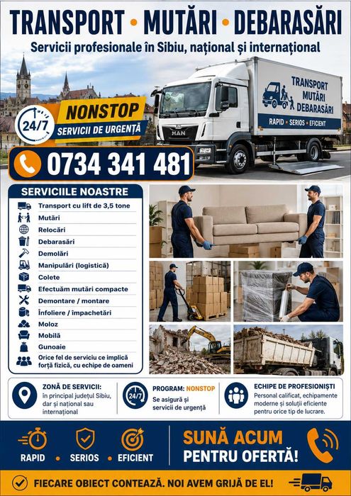 Servicii de transport national si international,mutari,mobila,relocari,debarasari,manipulari(logistica),deseuri nepericuloase,escavari,demolari,moloz
