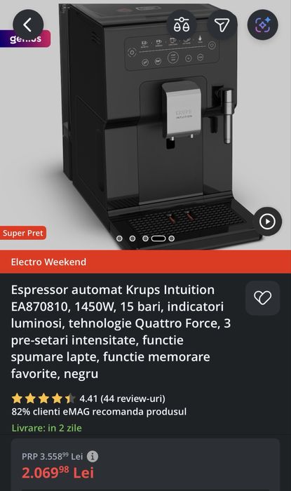 Aparat de cafea Krups - Intuition EA870810, 15 bar, 3 l, negru