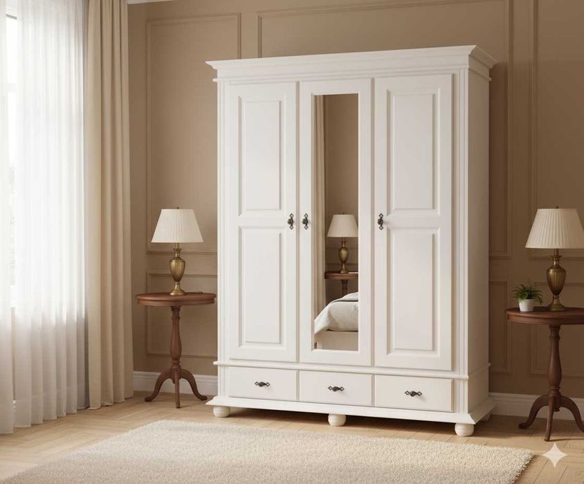 Dulap din lemn masiv cu oglinda Seby, 3 usi + 2 sertare, alb+miere