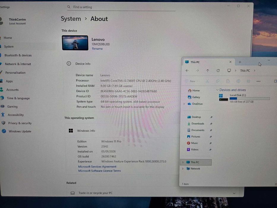 Lenovo ThinkCentre M710q Tiny Desktop i5-7400T/SSD 256GB/8GB RAM