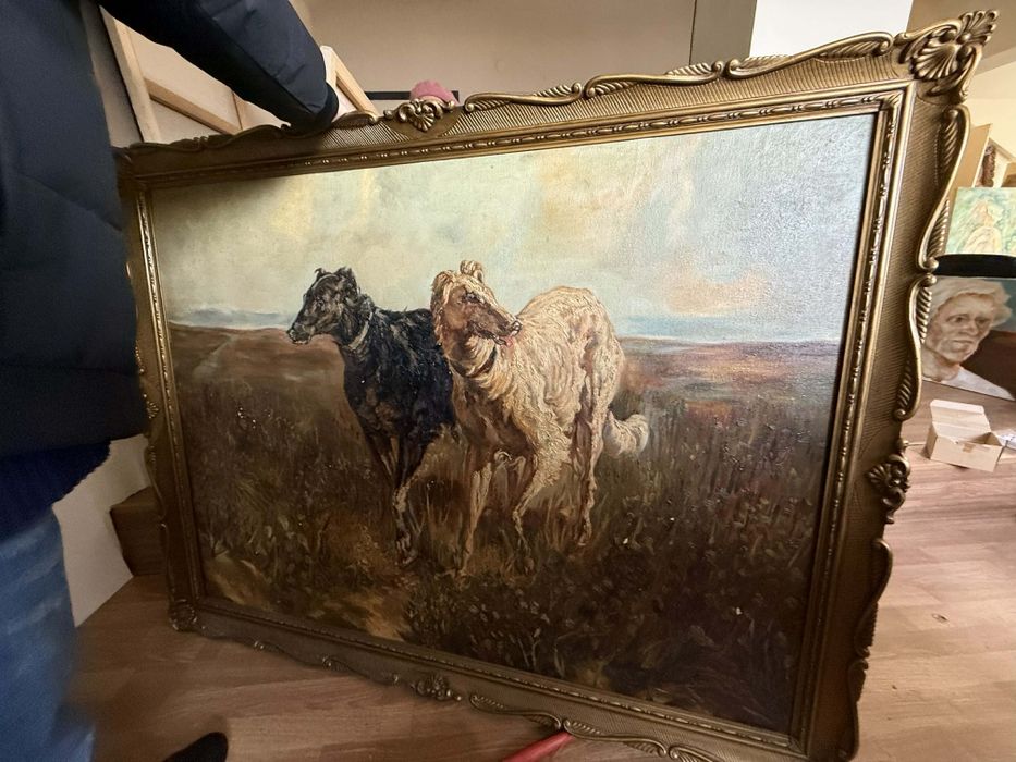 Старинно маслено платно "Руски борзои" – Музеен размер (140х110 см)
​О