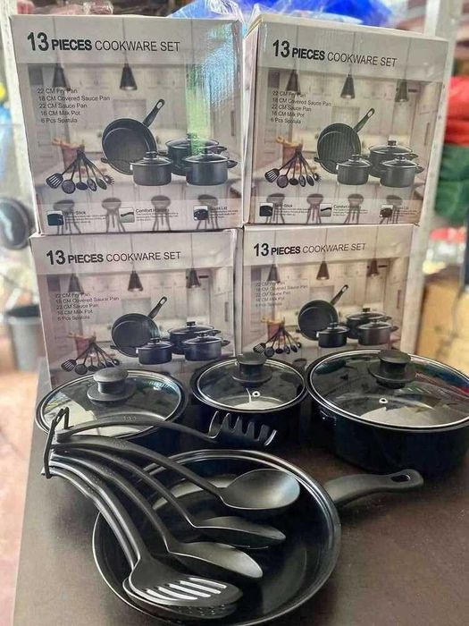 Комплект съдове за готвене от 13 части, Незалепващо покритие, Черни