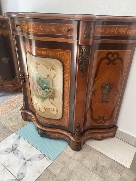 Comoda Lemn Masiv Pictura Bronz Intarsii Vintage