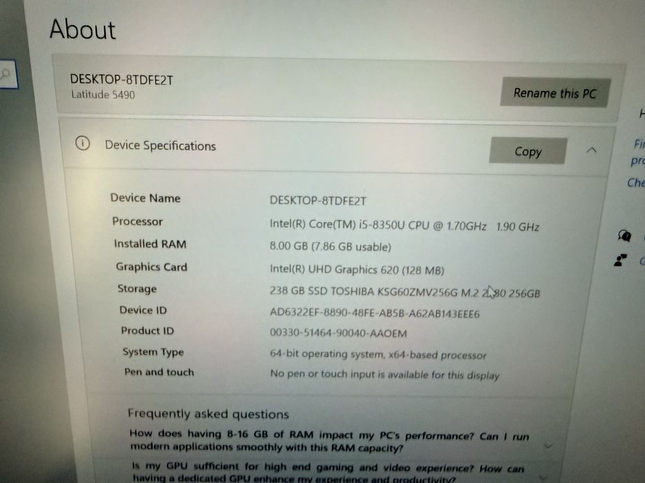 Dell Latitude 5490 i5 -8350u/ 8 Gb DDR4/ Nvme 256 Gb
