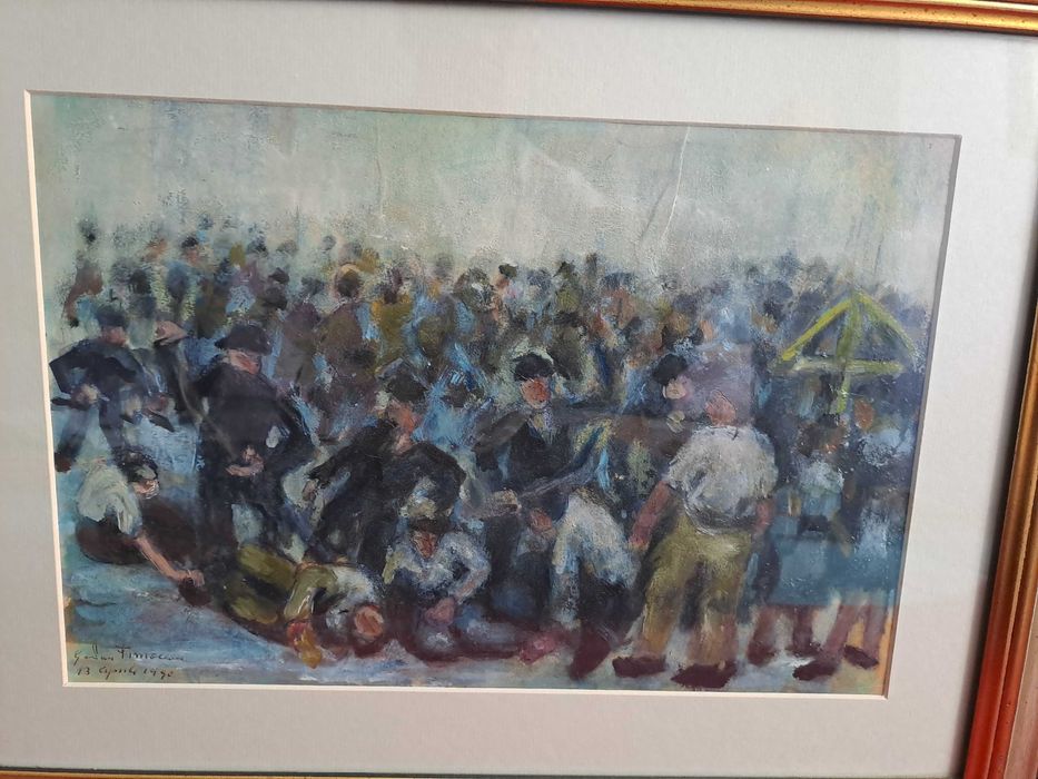 tablou romanesc pictura in acuarela 46/36 cm semnat datat 1990