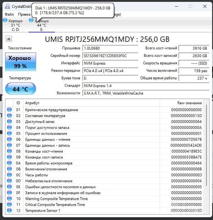 SSD NVME 256 GB gen 4 union memory