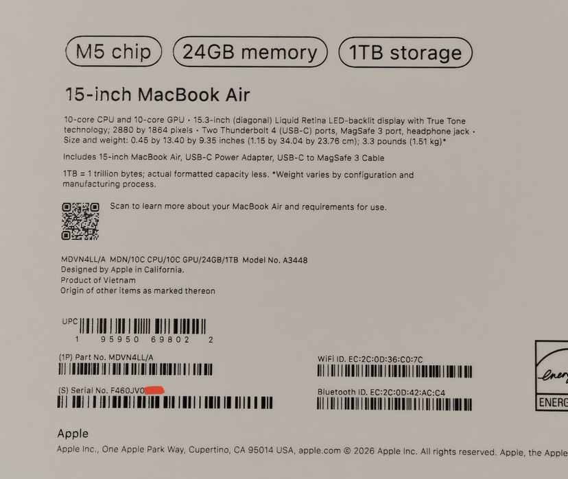 MacBook Air 15 M5 24/1TB 4 цикла