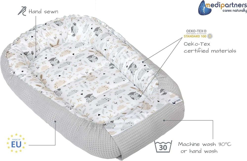 Medi Partners – Бебешко гнездо Cuddle Nest, 100% памук, Waffle, 100 × 60 × 15 см, сив цвят с животни