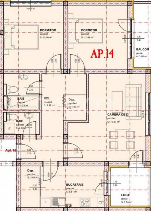 Apartament de vanzare 3 camere 2 bai 1 logie 1 balcon loc de parcare