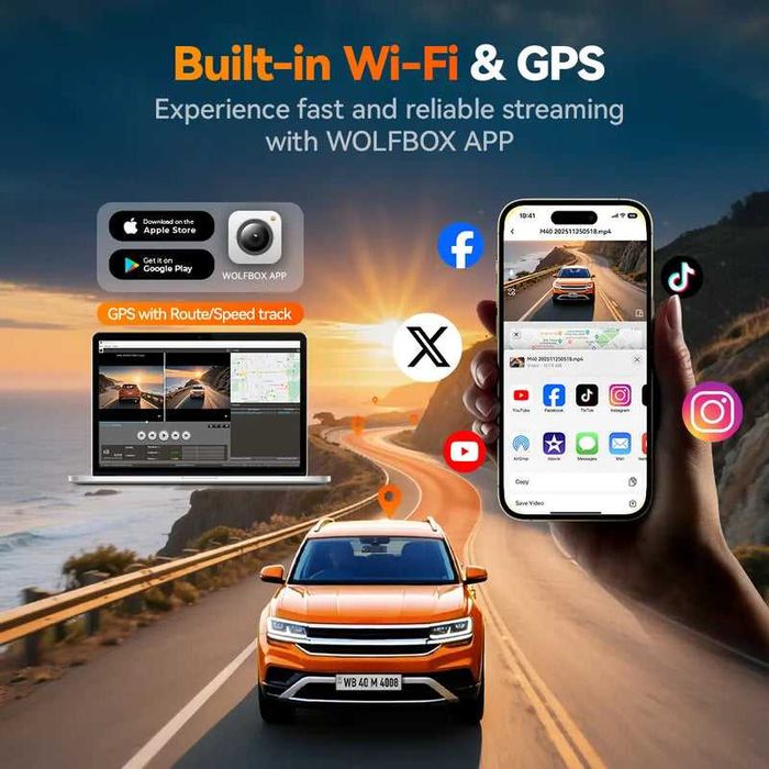 Wolfbox M40 4K + 1080p видео регистратор / dashcam - Wi-Fi, GPS, 64GB MicroSD карта
