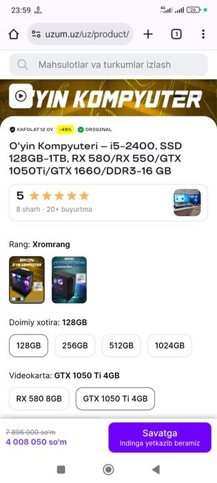 O'yin / ofis / montaj byudjet PC ssd i5 1050Ti fullhd 1080p monitor 24