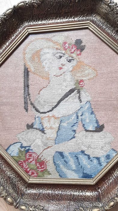 Tablou goblen-Madame de Pompadour, manual, vintage, aprox. 100 de ani