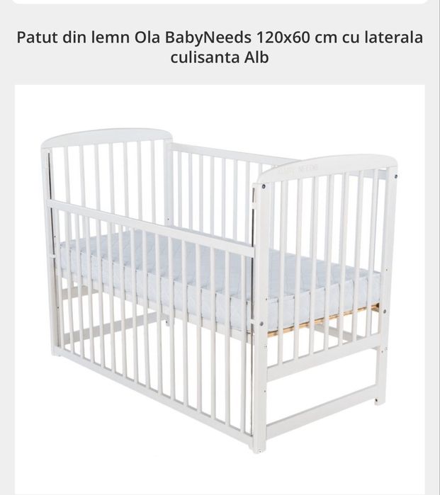 Patut din lemn Ola BabyNeeds 120x60 cm cu laterala culisanta Alb