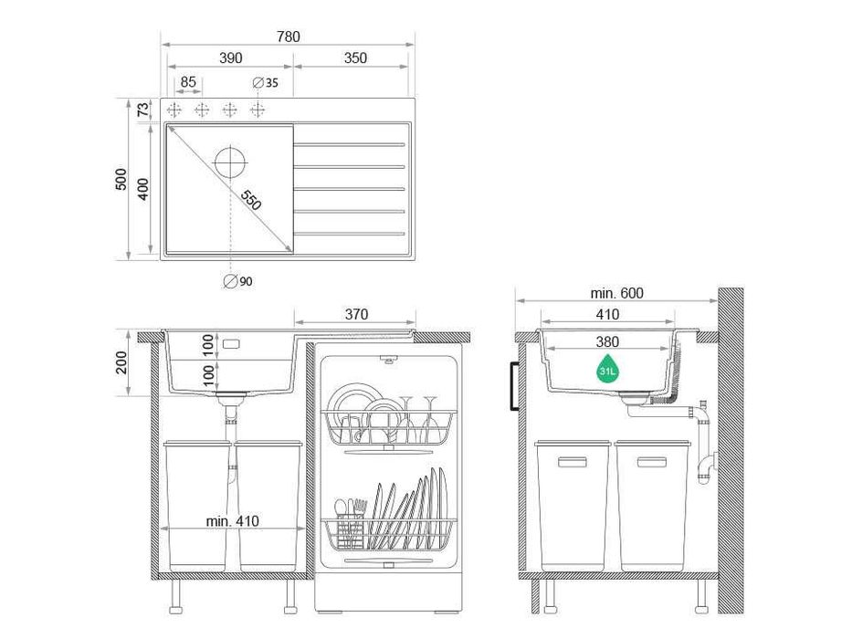 Сива гранитна кухненска мивка Сидни 780-45 Ergo Multilevel 780х500