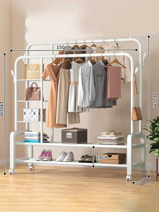 Вешалка напольная для одежды, с обувницей, на колесиках, металлическая