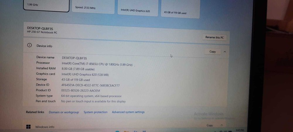 Laptop Hp g7 i7 8565u 8gb ddr 4 128 ssd