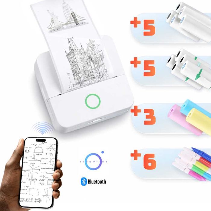 Imprimanta termica mini portabila Bluetooth 57mm, fara cerneala, imprimanta foto & etichete DIY pentru copii, aparat de buzunar cu aplicatie mobil