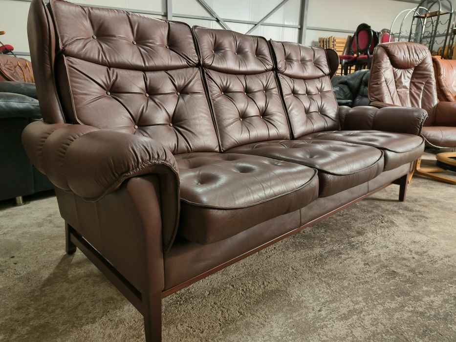 Винтидж диван тройка от естествена кожа