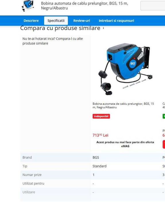 Bobina automata de cablu prelungitor, BGS, 15 m