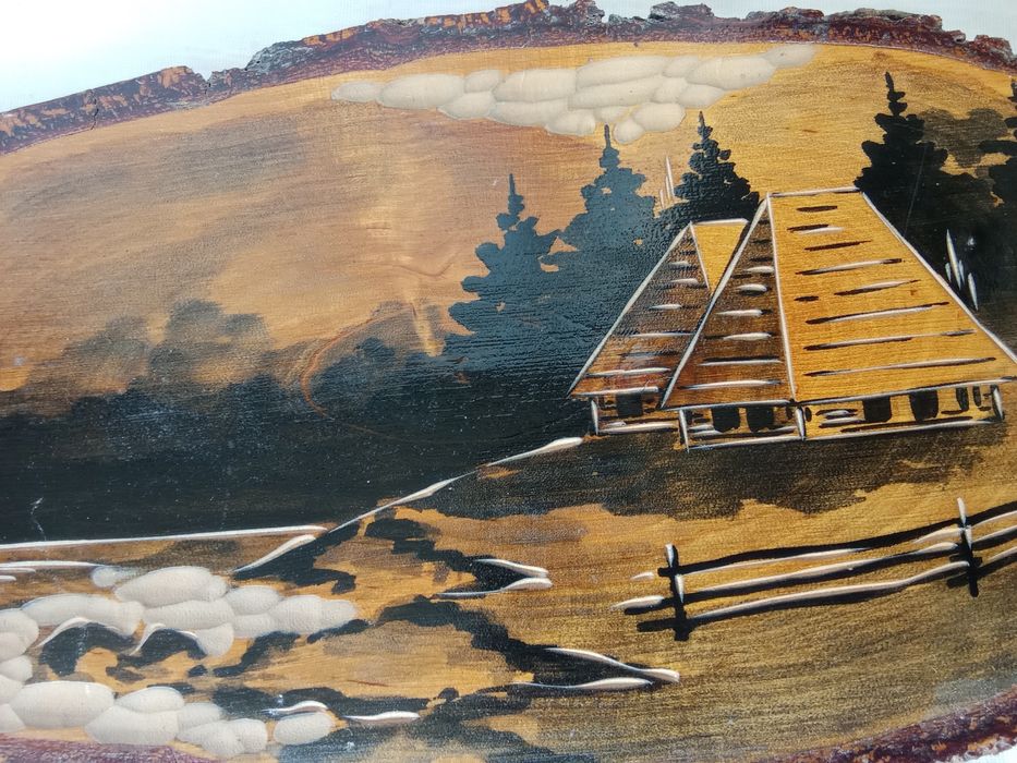 Панно из натуральной кожи ,  картина на срезе дерева ( СССР  )