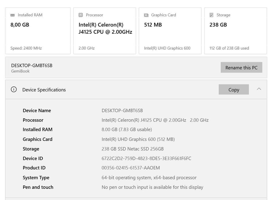 Laptop CHUWI GemiBook Pro, 14", 2160 x 1440, IPS, 2K, Intel Celeron J4125, 2.7 GHz Turbo, Quad-core, 12 GB RAM, 256 GB SSD, Full metal, Grey