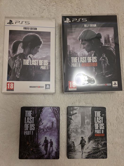Pachet Ultra-Rare PS5: The Last of Us Part 1 Firefly Edition + Part 2 Remastered W.L.F. Edition (SteelBooks Originale + Discuri)