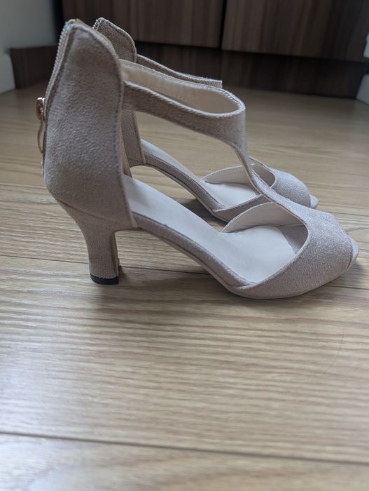 Sandale damă elegante din piele întoarsă ecologică bej/nude, mărimea 38 (