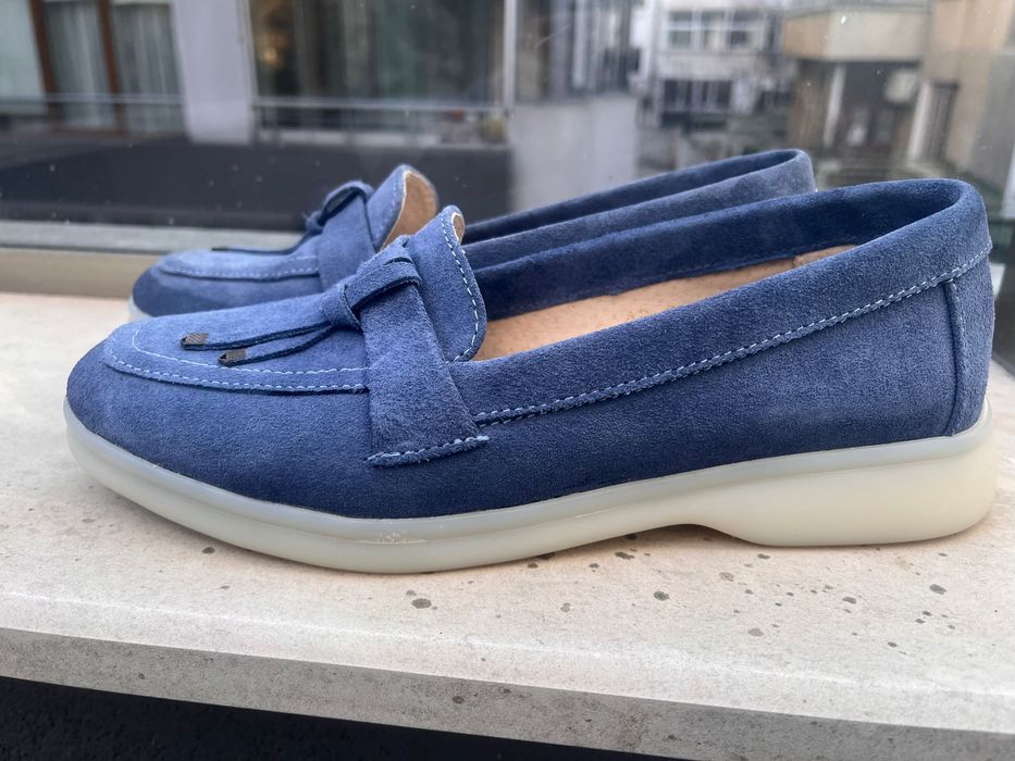 Дамски сини мокасини от естествен велур / Жіночі сині лофери замша