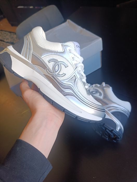Chanel CC Logo Metallic Trainer White Silver
