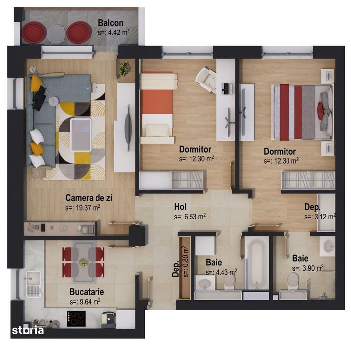 Apartament cu 3 camere în clădire cu 3 etaje