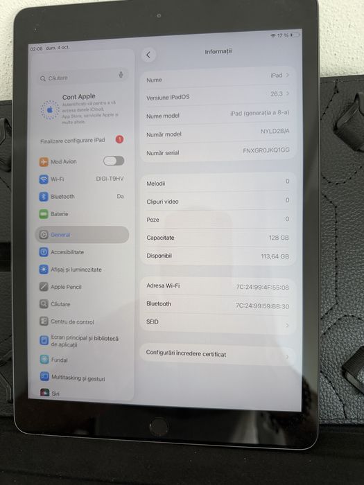 Ipad Generatia 8 128gb Gps/Wiffi/Ca Nou/Baterie 100% Originala/Space Gray