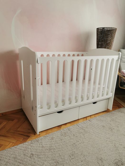 Дървена Бебешка кошара TELMA 60/120 - Бял цвят + двулицев  матрак